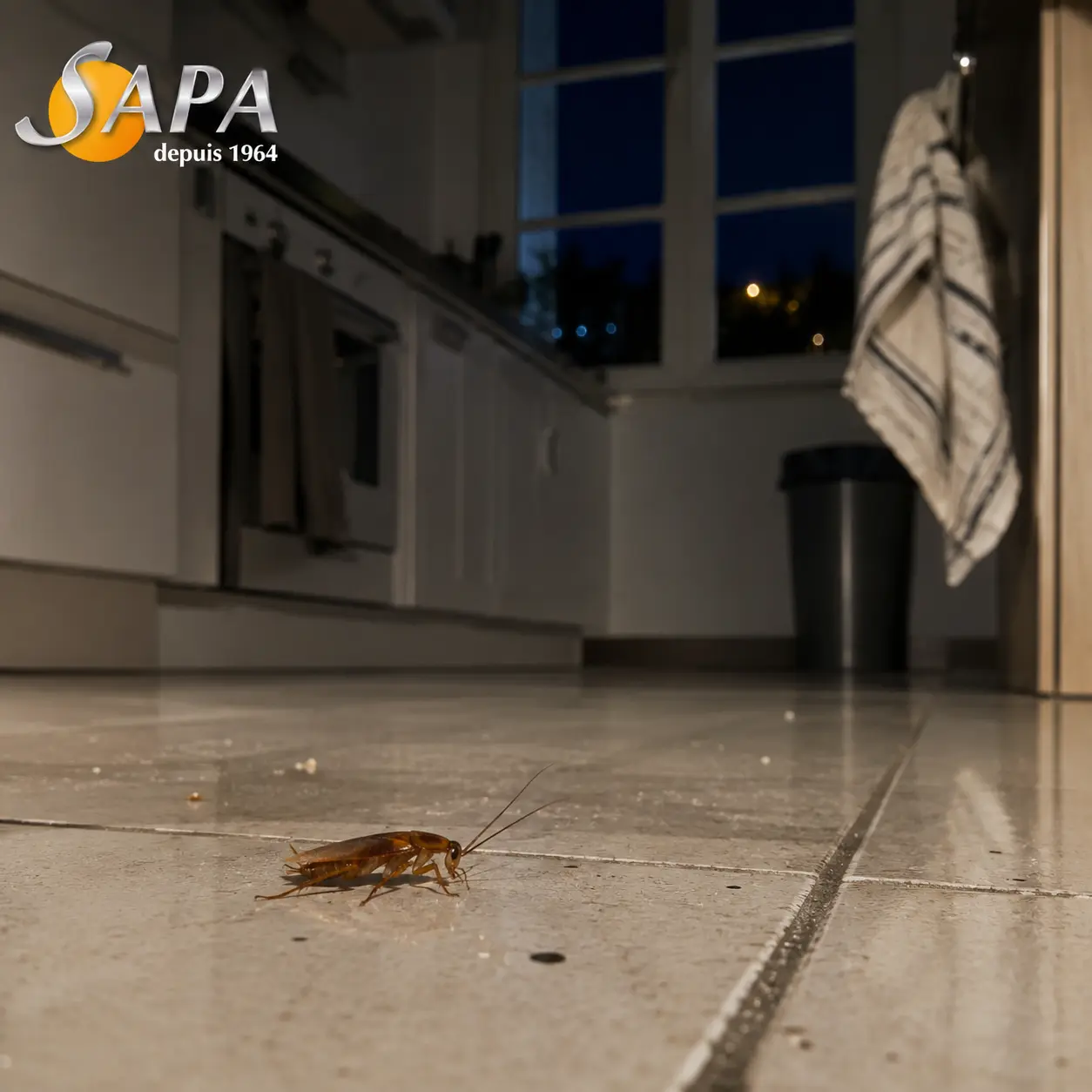 Cafard sur le sol d'une cuisine la nuit à Rennes — désinsectisation SAPA Traitement