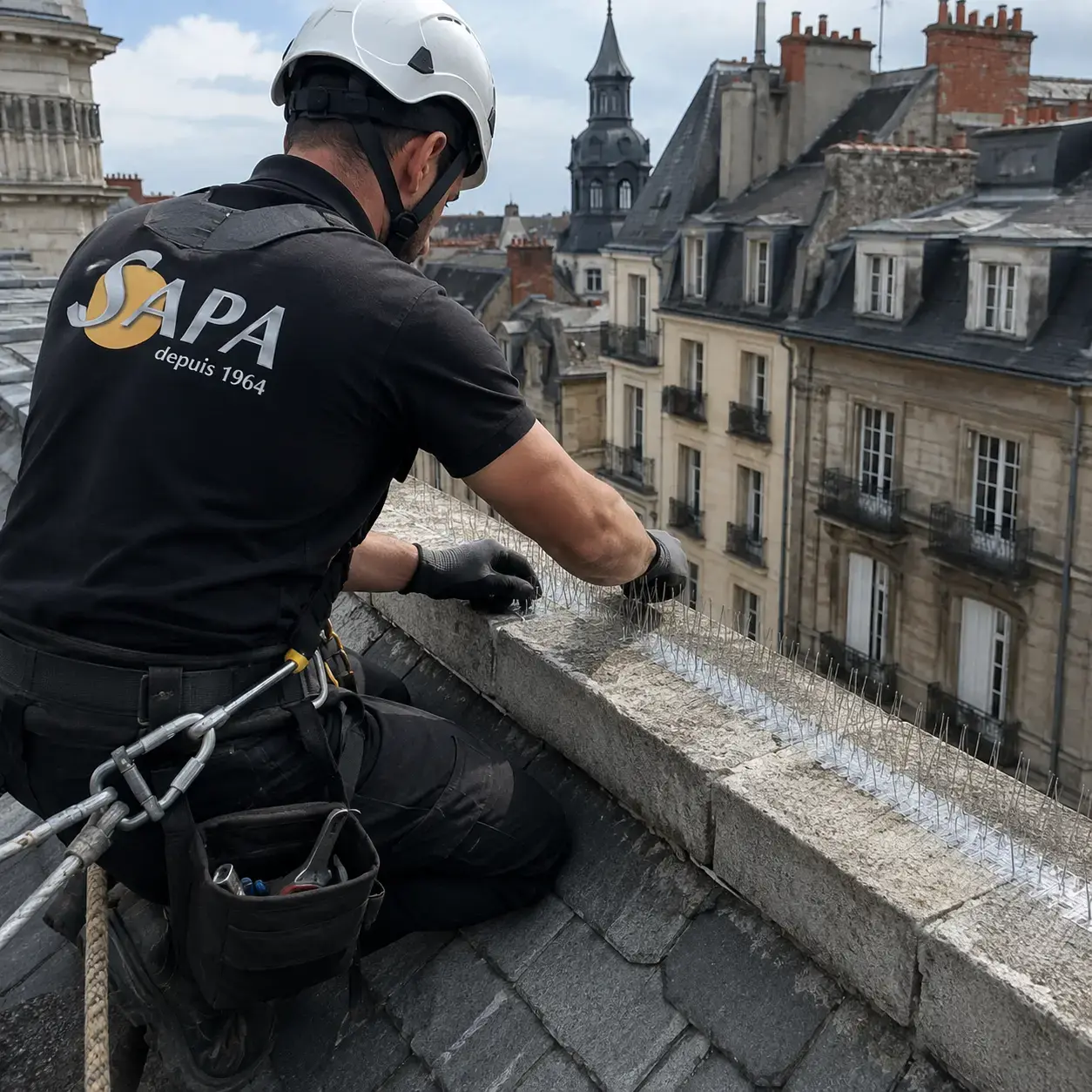 Technicien SAPA posant des pics anti-pigeons sur une corniche à Rennes