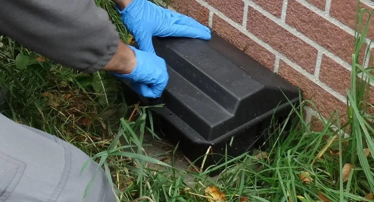 Technicien SAPA Traitement posant des appâts raticides sécurisés à Rennes