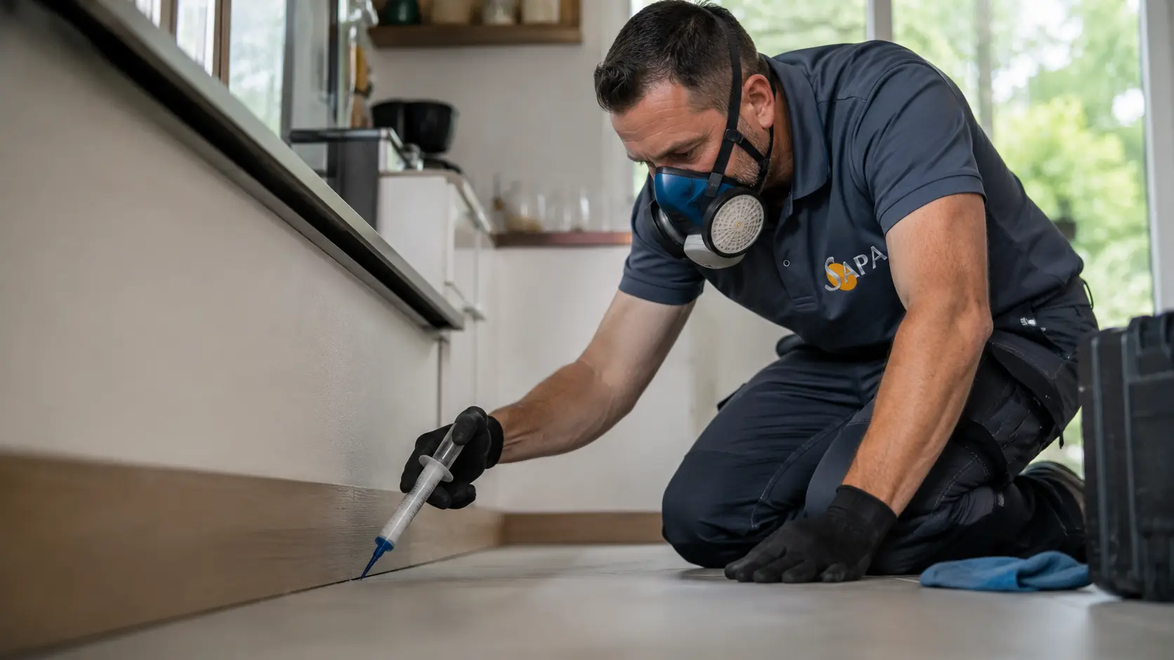 Technicien SAPA Traitement posant des appâts raticides sécurisés à Rennes